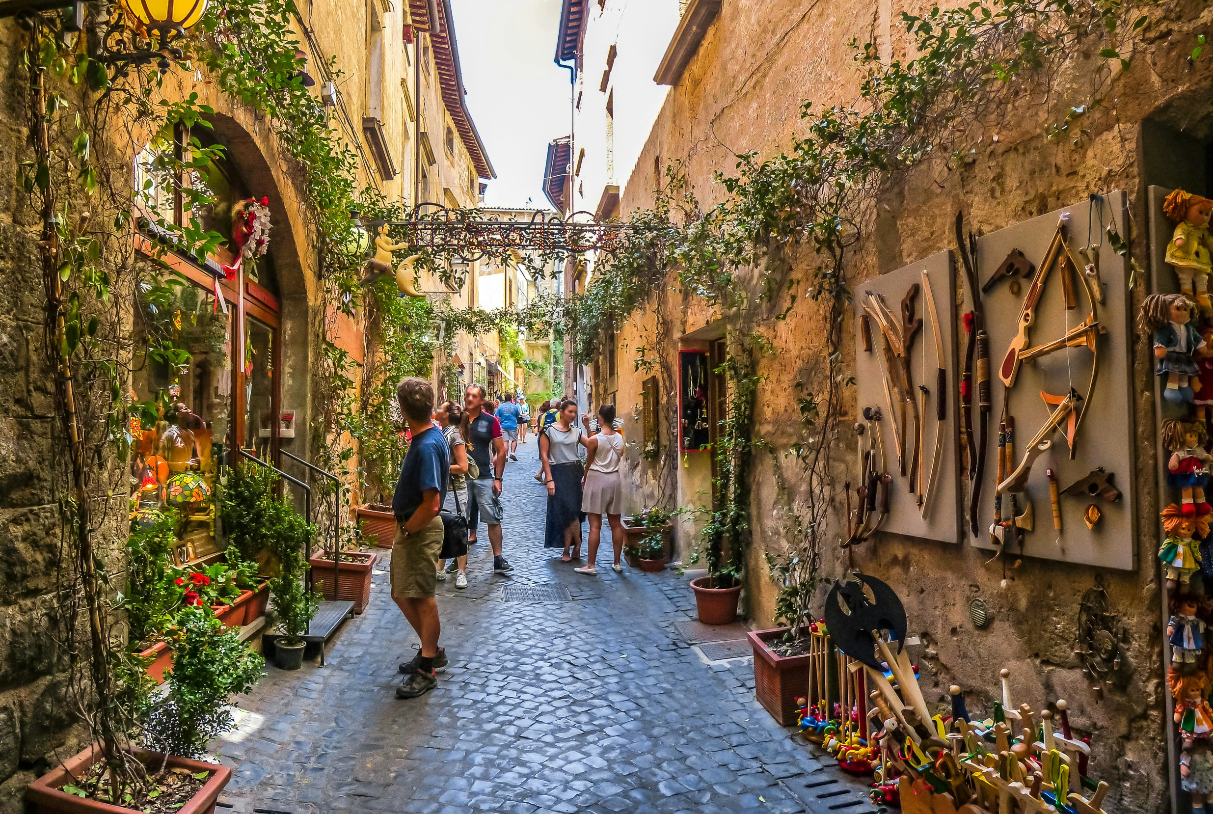 People standing in a plant-covered alleyway along a cobblestone path