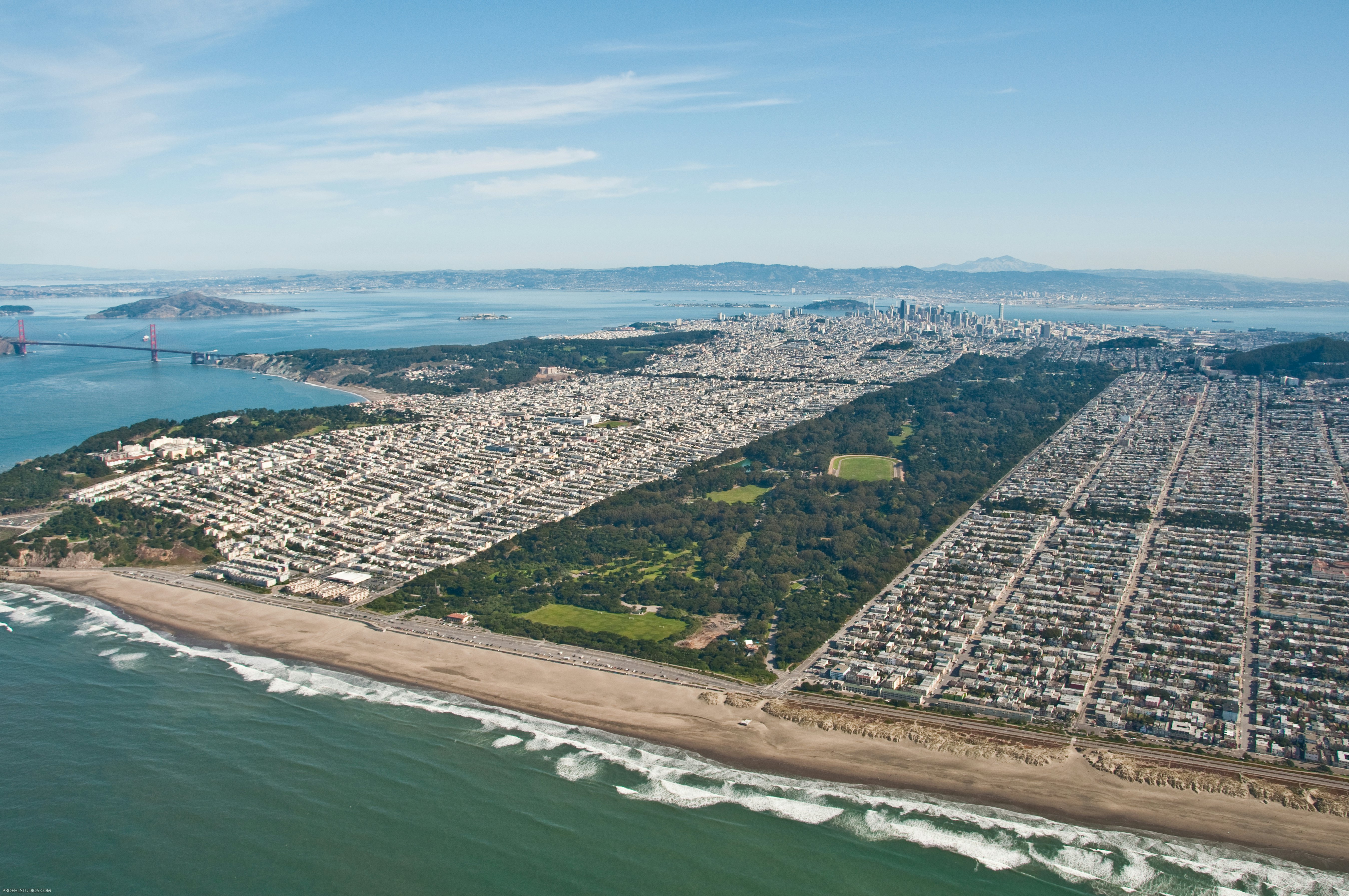 An aerial view of Golden Gate Park from the Pacific Ocean. Golden Gate Park is the third most visited city park in the US.