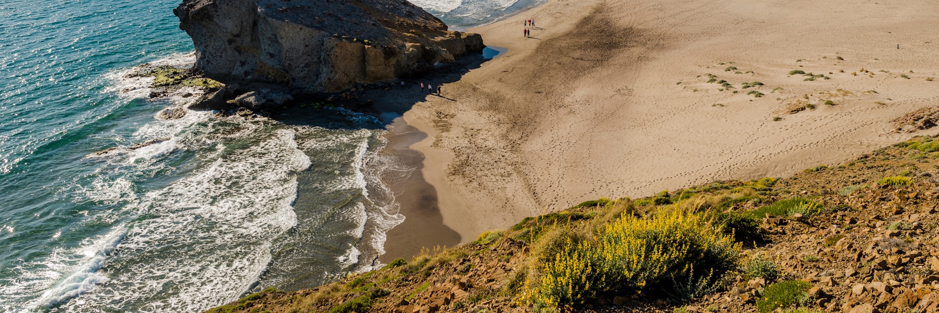 Aerial view of Mosul beach at Cabo de Gata-Nijar Natural Park, Almeria, Andalusia, Spain.