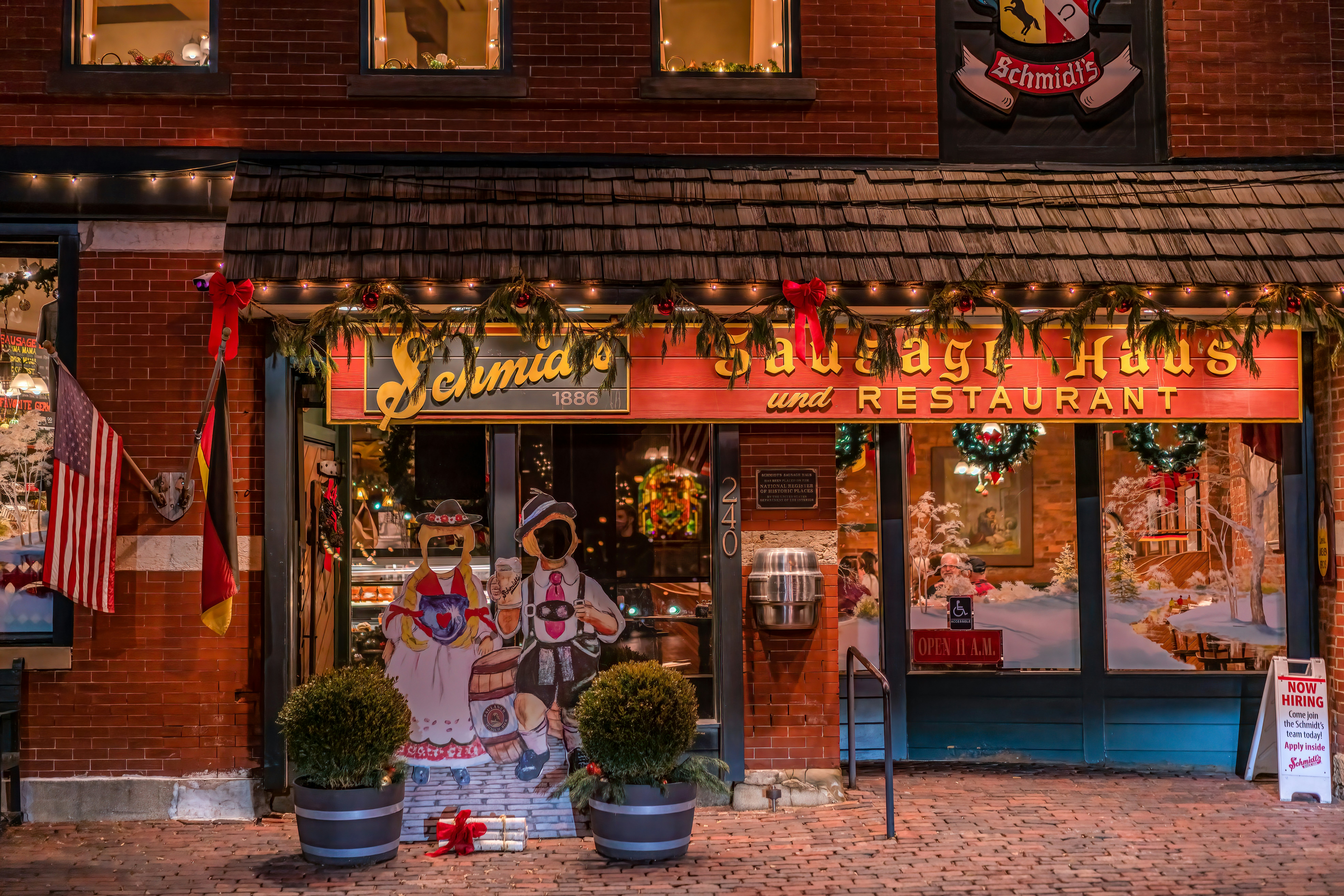 Holiday decor outide the entrance to Schmidt's Sausage Haus in German Village in Columbus, Ohio.