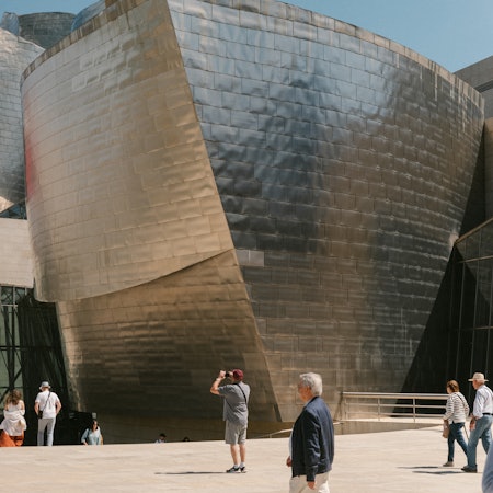 The silver-mirrored exterior of the Guggenheim museum in Bilbao.