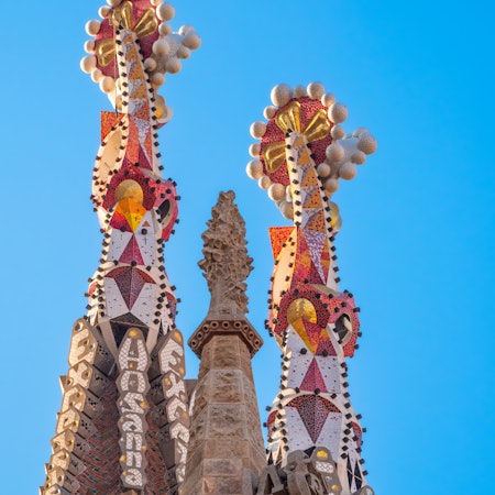 Close-up architectural detail of the modernist Sagrada Familia basilica